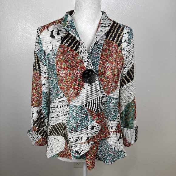 IC by Connie K Women's S Asymmetric Hem Blazer Jacket Multi Geometric EUC - Picture 3 of 14